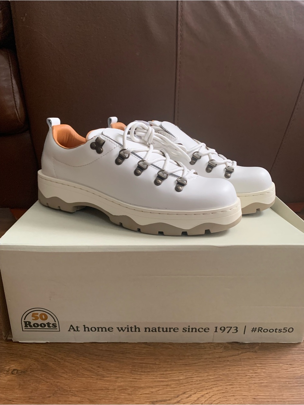 Roots White Leather Hiking-Style Sneakers with Tan Accents